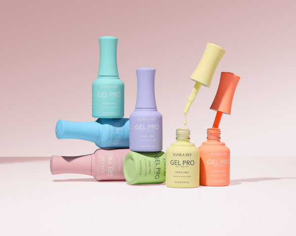 Kiara Sky Gel Pro HEMA-free gel polish bottles with glossy one-swipe color