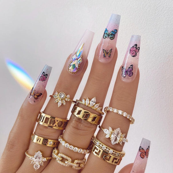 clear nail design with butterflies