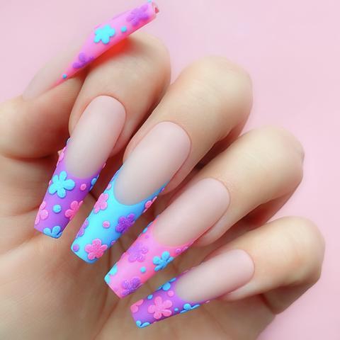 pink and purple colored french tip nails