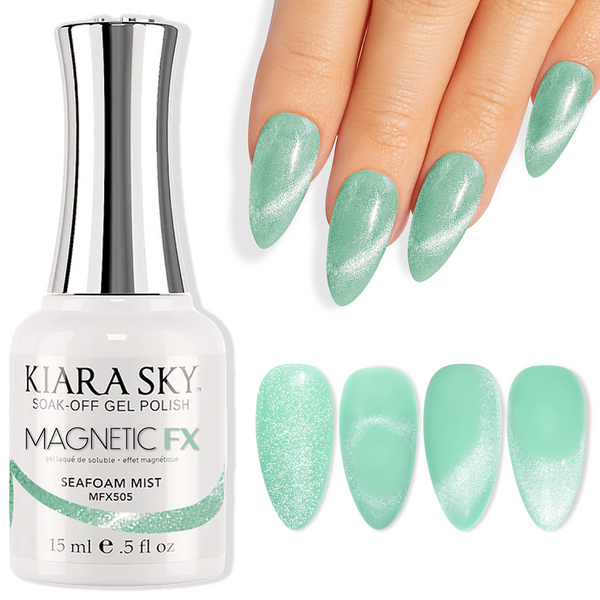 Kiara Sky MagneticFx Seafoam Mist Dip Powder with different styles with magnet