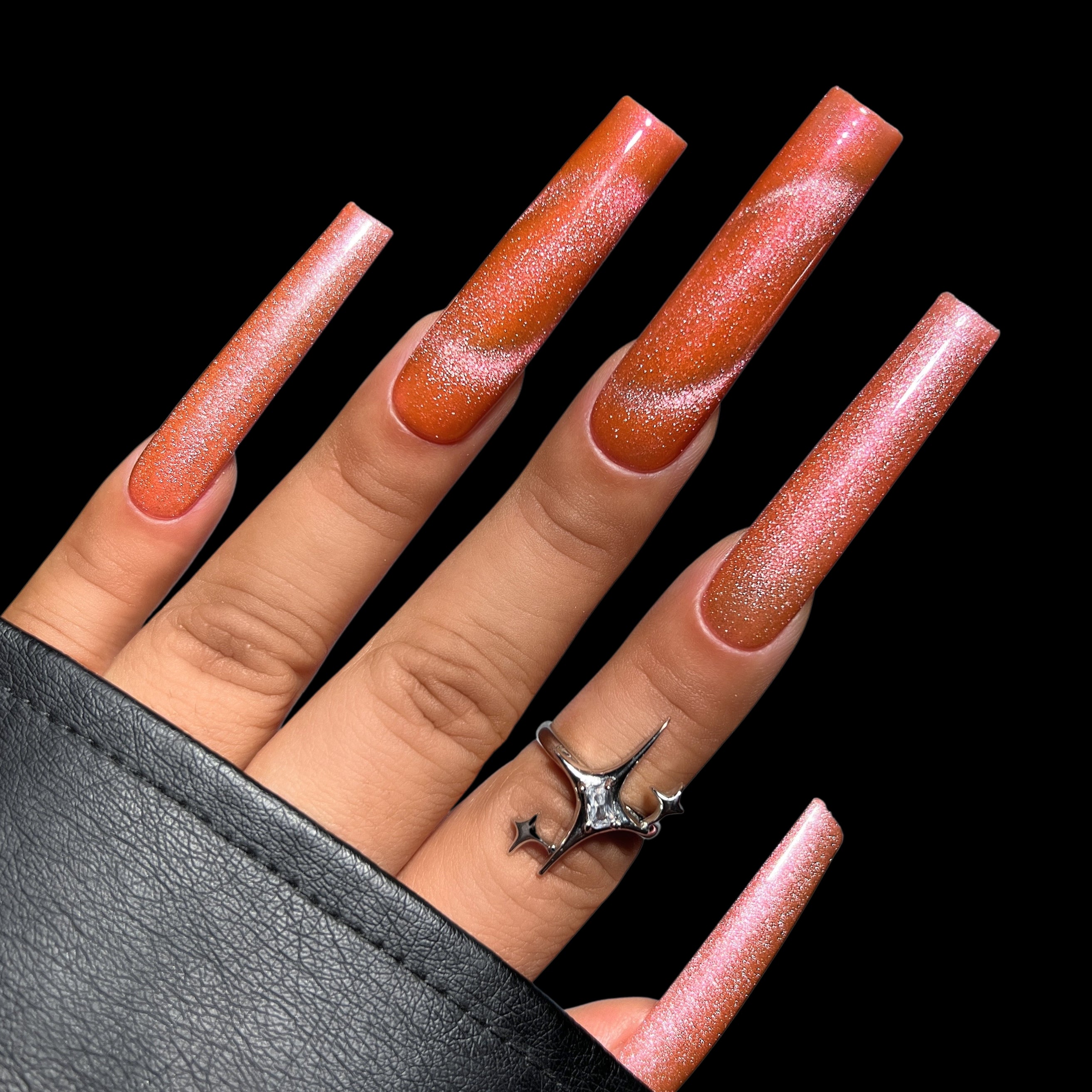 Double XL Square Tip Full Coverage Kiara Sky Peachspark MagneticFX Gel Polish Hand Swatch