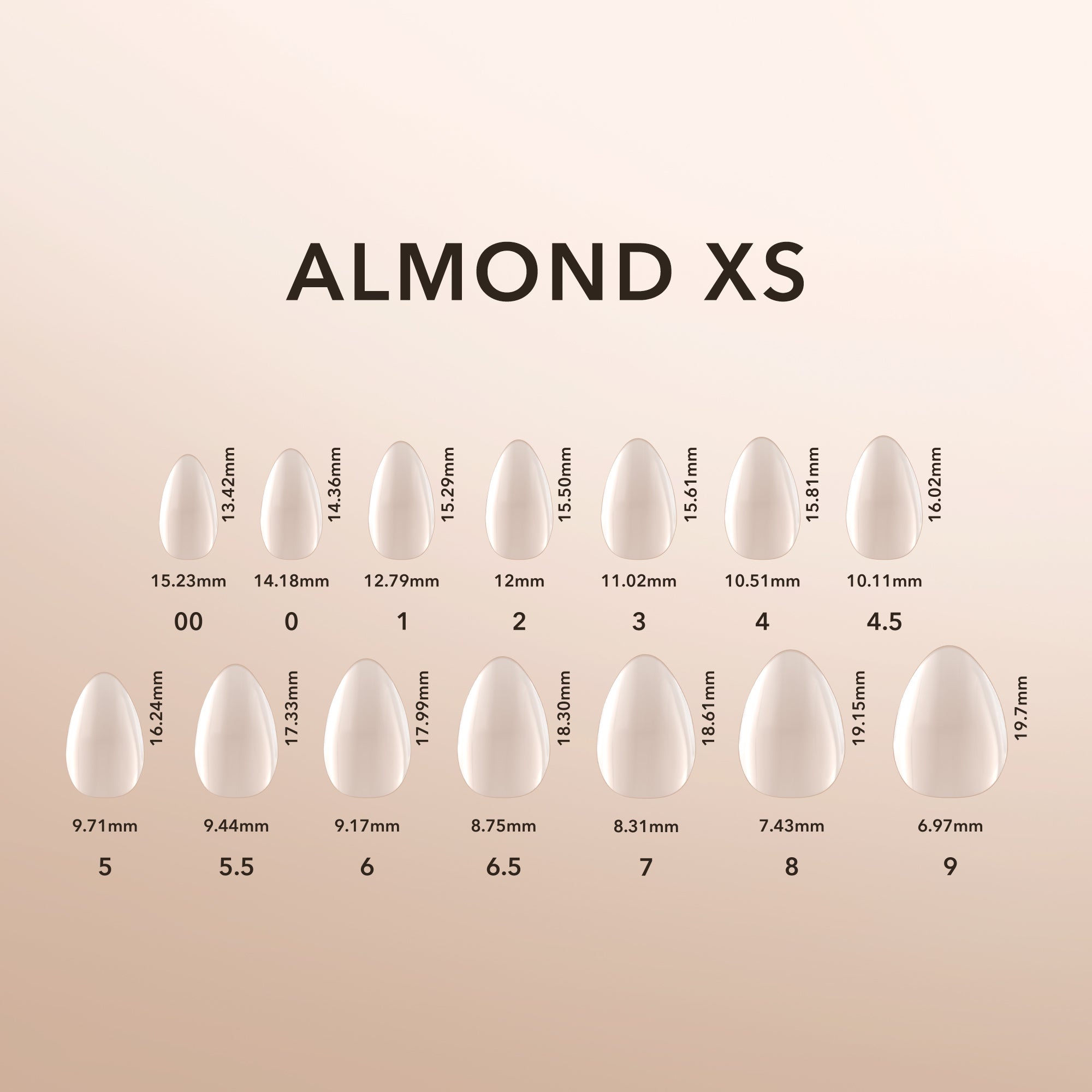 Kiara Sky Natural Gel Extensions Almond XS Size Chart
