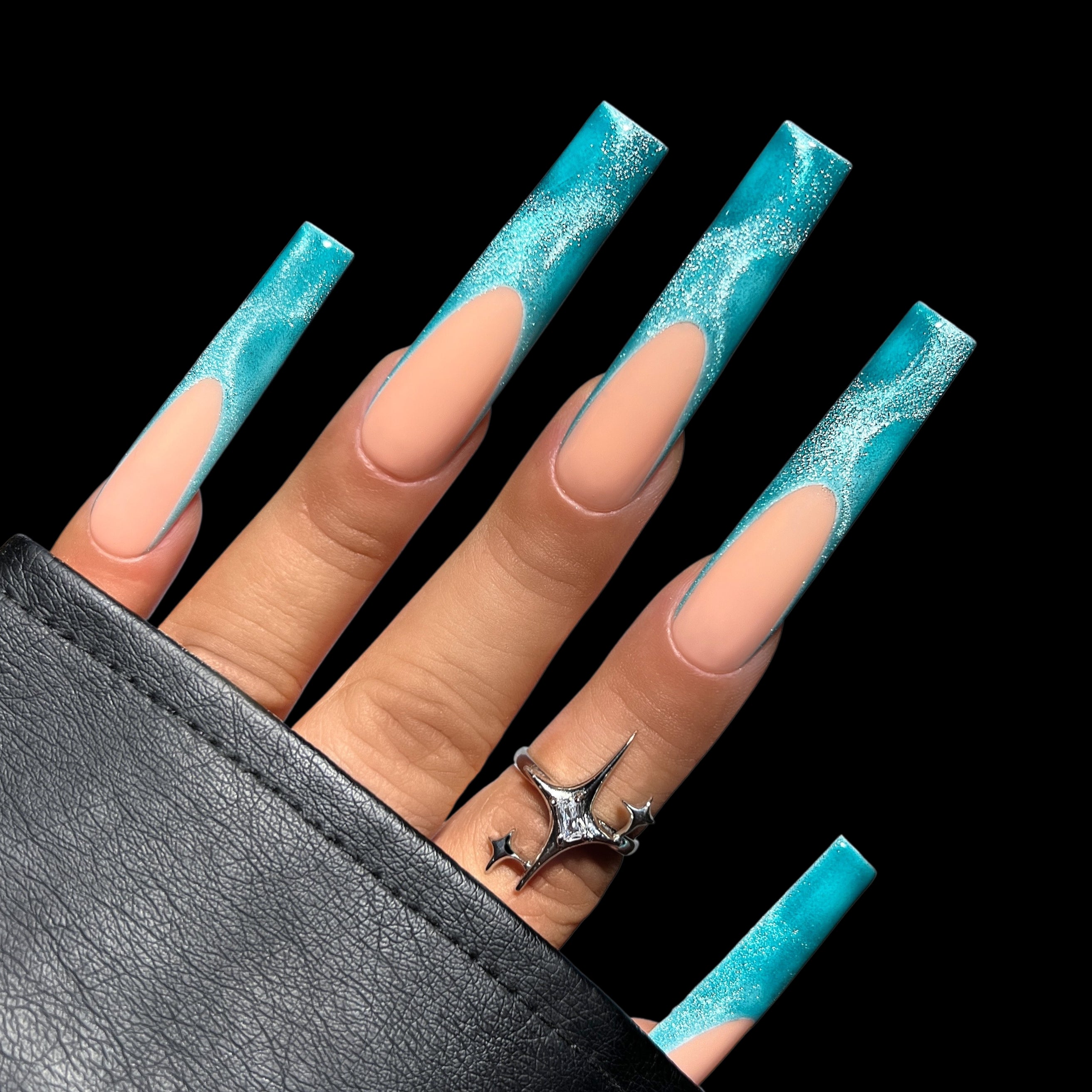 Double XL French Square Tip Kiara Sky Seafoam Mist MagneticFX Gel Polish Hand Swatch