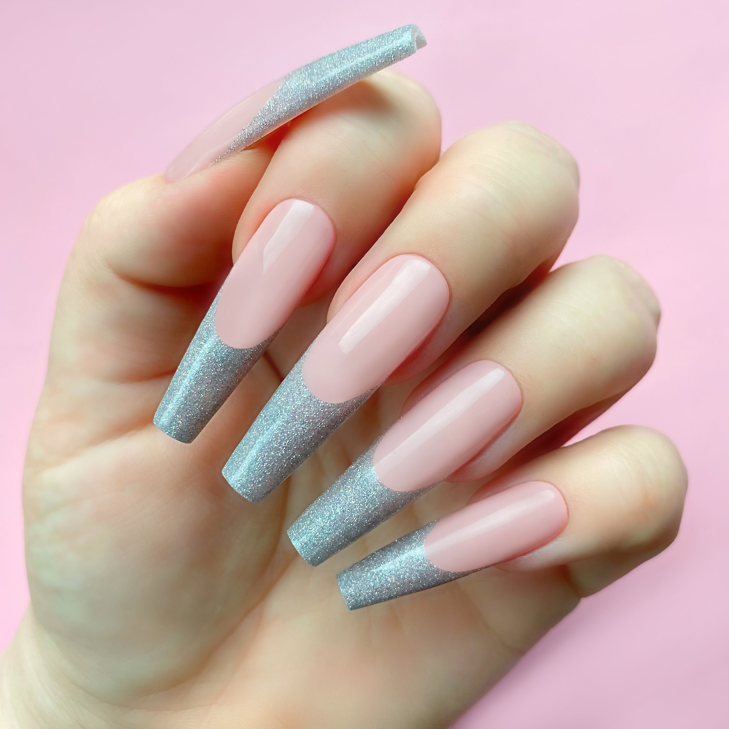 Silver Stroke gel art applied with nail extensions