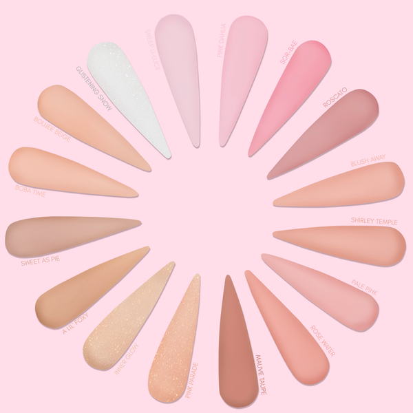 Mauve Taupe cover acrylic powder swatch with other swatches in the shape of a flower