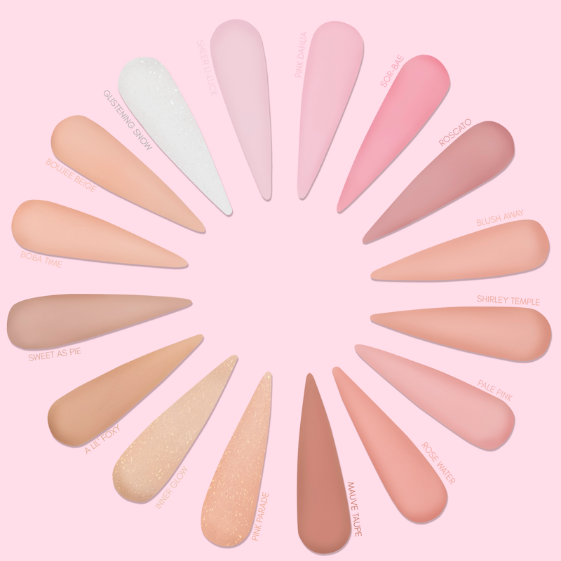 Blush Away cover acrylic powder swatch with other swatches in the shape of a flower