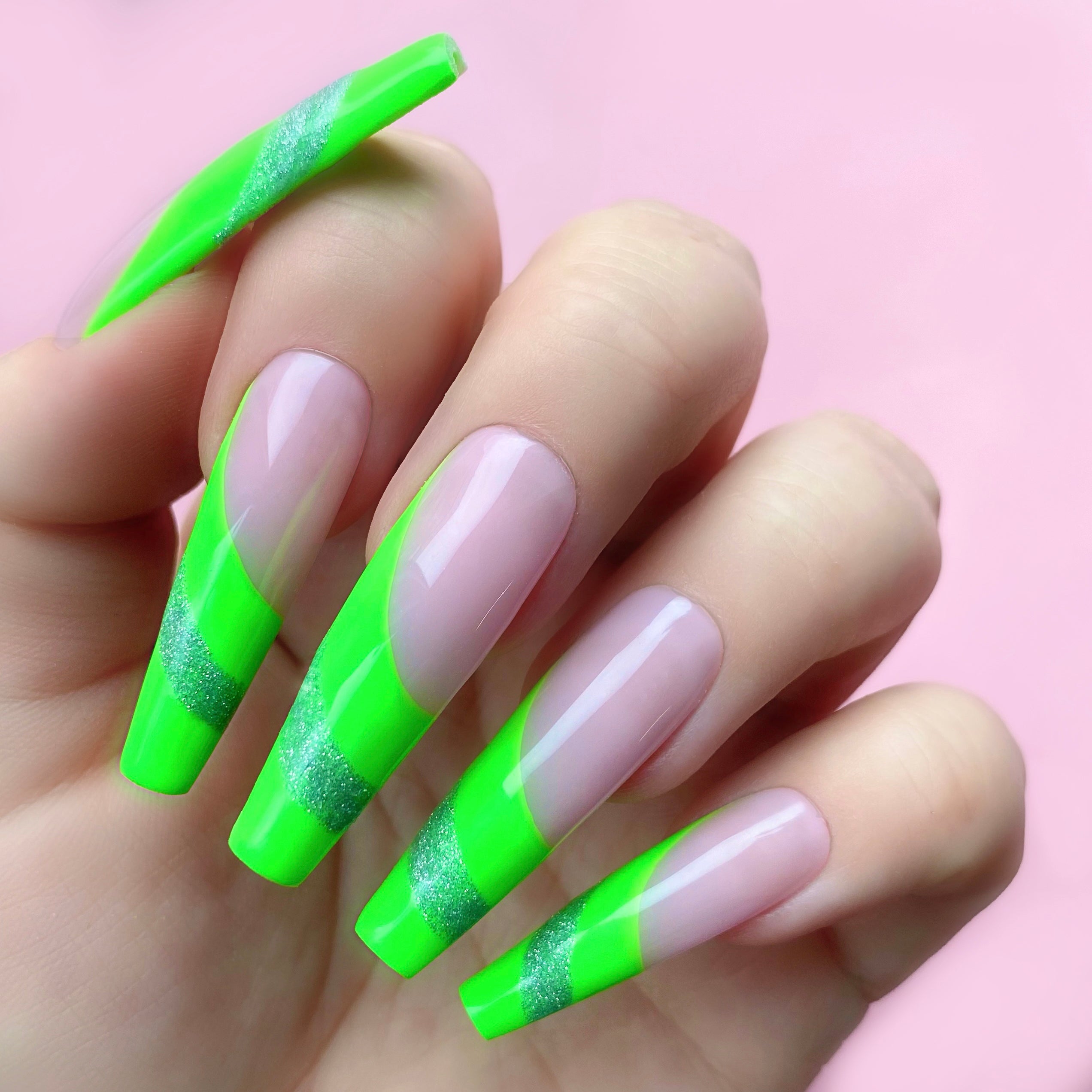 Out of Monet gel art applied to nail extensions with swirl design